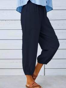 Women's Solid Color Casual Versatile Daily Wear Pants - Navy Blue - View 3