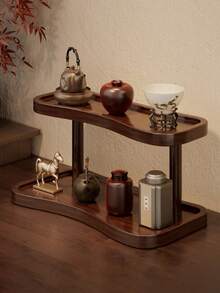 Vintage Solid Wood Double Layer Desktop Storage Rack, Multi-Purpose 2-Tier Display Shelf For Coffee Tea Water Cups, Kitchen Spice Cosmetic Organizer, Decor Storage Stand For Kitchen Bathroom Dressing Table Office Living Room - Multicolor - View 2
