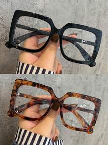 2pcs Square Thick Frame Glasses Suitable For Daily Wear - 2pcs (Black + Tofu Pudding) - View 5
