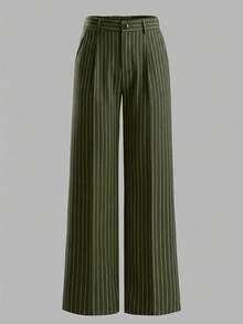 ANCHOSE Women's Early Spring Fashion Minimalist Commute Elastic Waist Black & White Striped Long Pants - Green - View 2