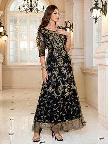 JINLICX Luxury Elegant Beaded Embellished Formal Dinner Gown - Black - View 4