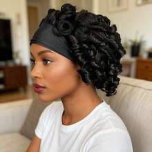 8 Inch Natural Black Big Wave Human Hair Headband Wig, Machine Made, Short Curly Wrap Around Headband Wig For Women - Natural Black - View 5