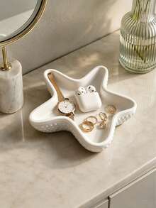 1 pièce Plateau à bijoux en céramique noir & blanc en forme d'étoile de mer, plat de rangement décoratif de style côtier pour bagues, boucles d'oreilles, montres, colliers et écouteurs, décoration moderne pour coiffeuse, table de chevet et salle de bain, convient aux amateurs d'océan & de plage, cadeau de pendaison de crémaillère ou d'anniversaire - Multicolore - Voir 2