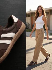 Women's Dark Brown Faux Suede Vintage Lace-Up Sneakers, Casual Low-Top Flat Sneakers, Rubber Sole, Anti-Slip Comfortable Walking Shoes, Streetwear, Autumn/Winter - Brown - View 2