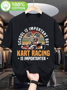 Men's Karting T-Shirt With Number 91 Race Car Design, Go-Kart Driver Graphic And Checkered Pennants - Funny "School Vs Karting" Slogan - Breathable T-Shirt - 黑色 - 查看 1