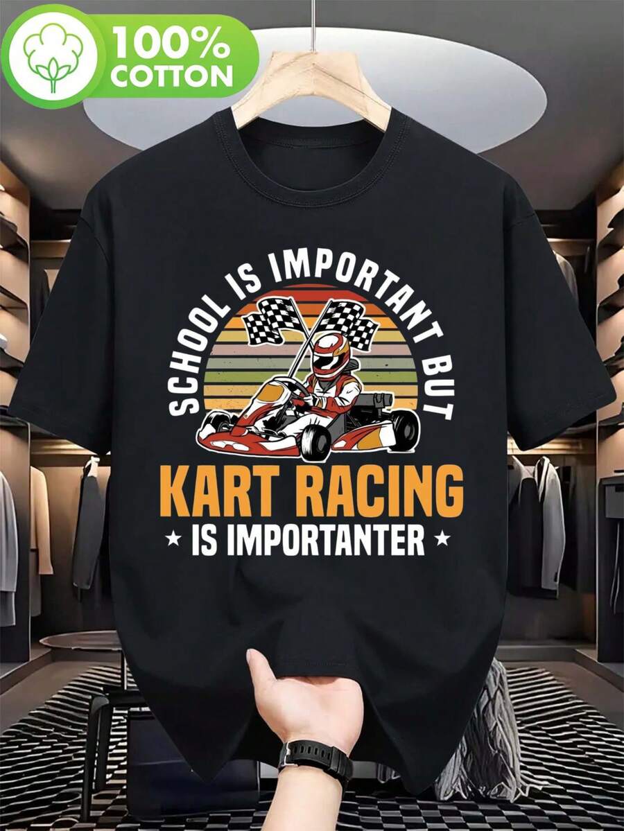 Men's Karting T-Shirt With Number 91 Race Car Design, Go-Kart Driver Graphic And Checkered Pennants - Funny "School Vs Karting" Slogan - Breathable T-Shirt - 黑色 - 查看 1