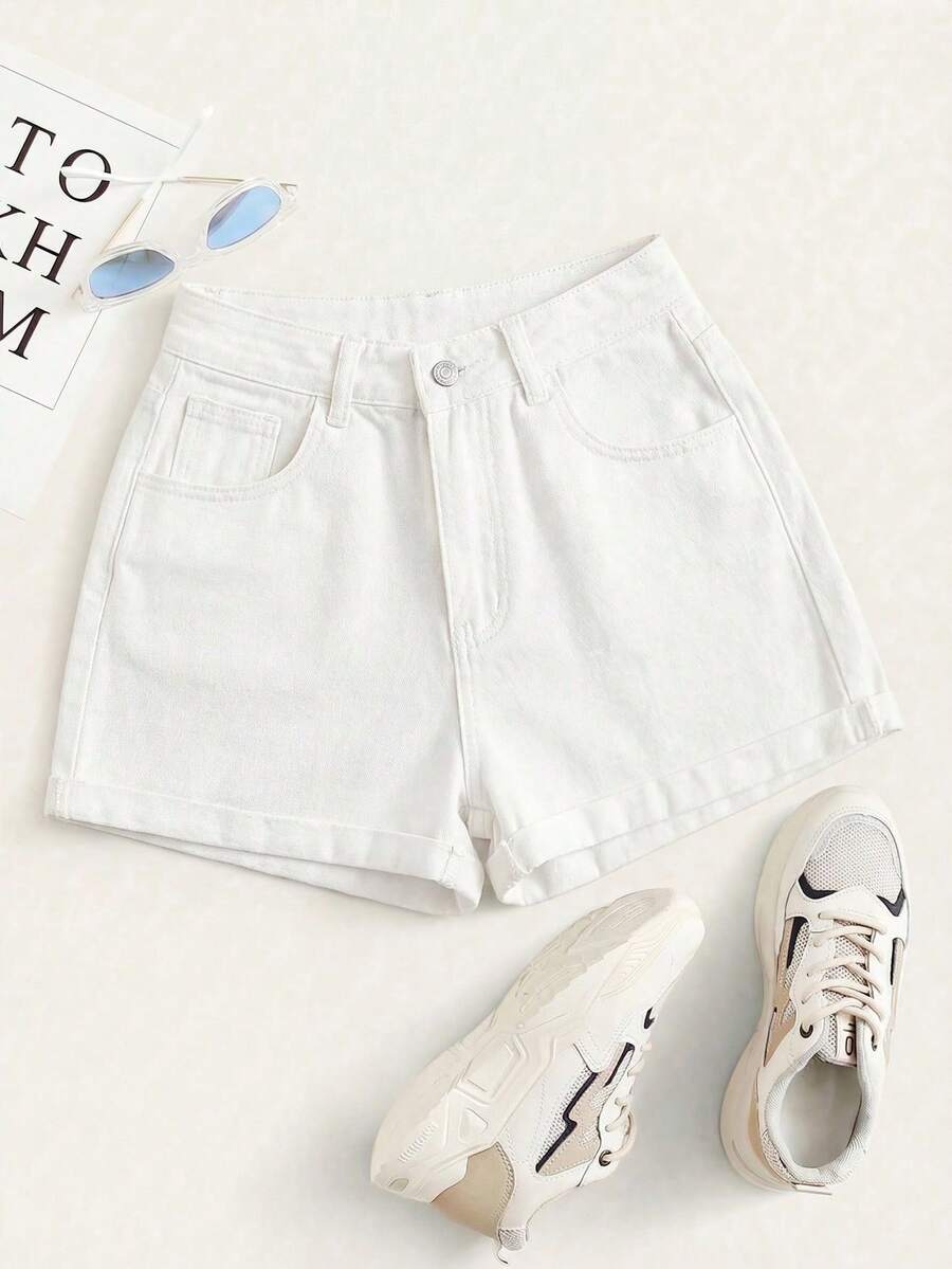 Summer Rolled-Up High-Waisted Denim Shorts - White - View 1
