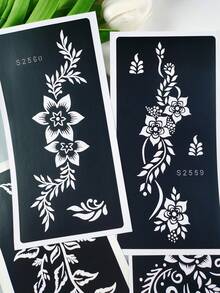 4pcs Vintage Floral Tattoo Stencil Set, Reusable Henna Hollow Stencils, Beginner DIY Body Painting Templates For Daily, Vacation, Wedding - Black - View 8