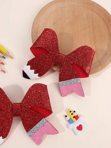 2 pièces Pinces à cheveux nœud crayon pailleté rouge pour la rentrée scolaire pour filles, jolies barrettes, pinces alligator, premier jour d'école, accessoires capillaires décontractés pour tous les jours - Multicolore - Voir 4