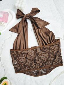 Brown Patchwork Floral Lace Bustier Crop Top - Y2K Style Urban Streetwear OOTD - Brown - View 9