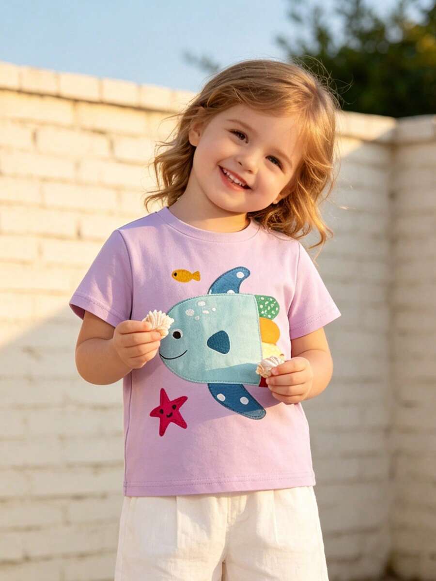 Young Girls' Casual Short Sleeve T-Shirt, Cartoon Little Fish Embroidery, Breathable And Stylish, Summer Collection - Pink - View 1