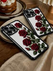 1PC Fashion Rose Print Electroplated Shockproof Phone Case, Anti-Shock Electroplated Phone Case, Deep Red Rose Pattern, Simple Fashion Shockproof, With Personalized Design. Suitable For IPhone 17/Air/17 Pro/17 Pro Max/16/15/14/13/12/11 And Other Models, Suitable As A Daily Gift For Friends - Multicolor - View 6