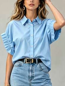 Women's Summer Dopamine Pink Collared Puff Sleeve Blouse, French Style Loose Breathable Button Front Top, Suitable For Work/Date/Birthday Party Multi-Functional Top - Blue - View 11
