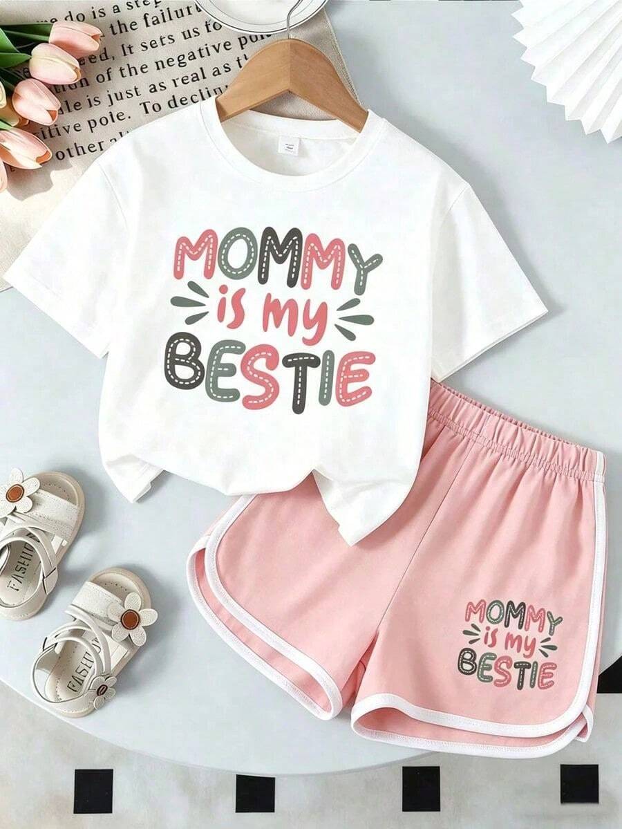Summer 2026 Tops Summer Solo Camisetas, 1 Piezas, Conjunto de Dos Piezas para Niñas, Camiseta con Lazo y Eslógan y Pantalones Acampanados, Bonito para Uso Casual/Escolar, Ropa de Niña, Tops - Blanco - Ver 1