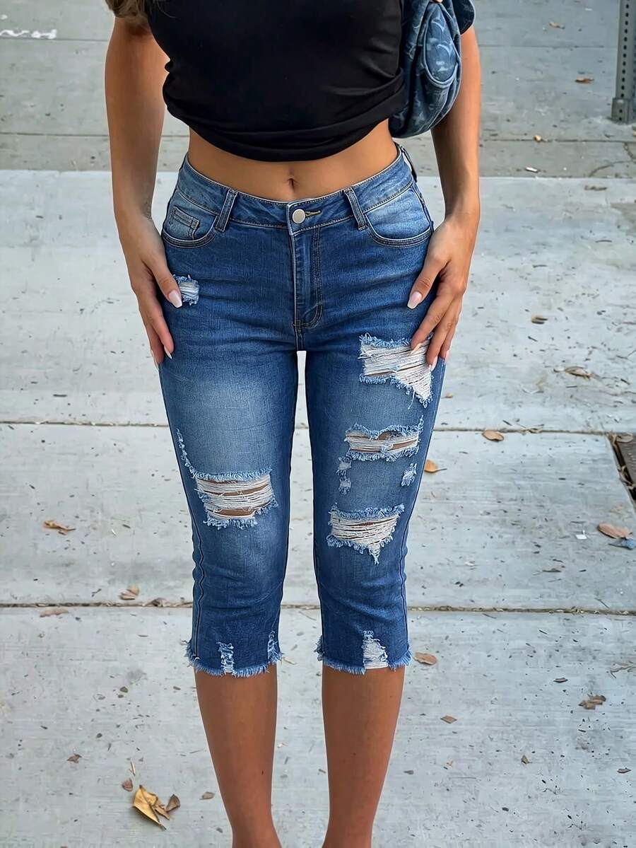 Damen Lässig Distressed Slim Fit Crop Jeans, mit Fransenbesatz und Taschen, mittlere Stretch, Damen Herbstbekleidung