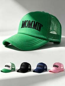 1件裝 "MOMMIN'" 印花卡車司機棒球網帽，可調節扣環，圖形設計，適合夏季、海灘、度假、旅行，男女通用帽子 - 彩色 - 查看 1