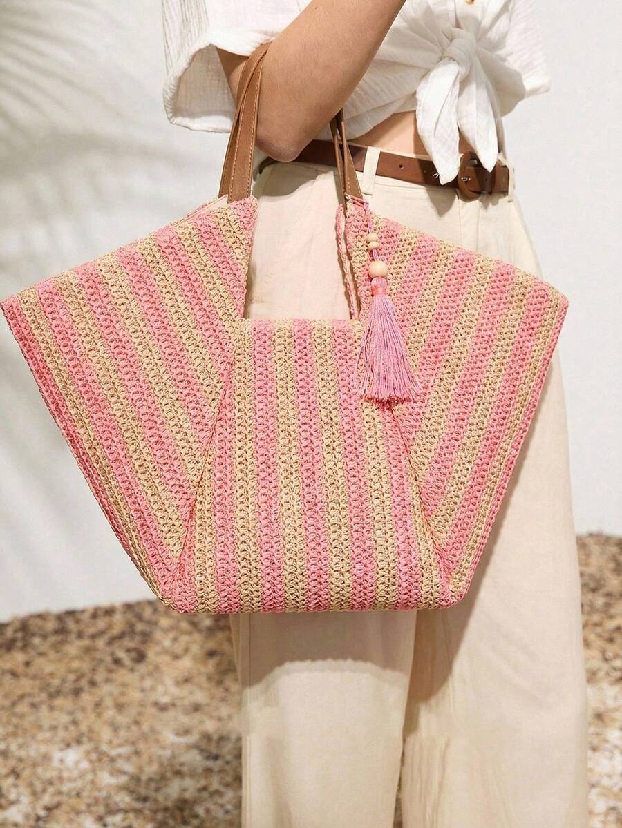 Large Capacity Bohemian Woven Straw Tote Bag With Fringe And Striped And Plain PU Handles For Beach Vacation Summer - Unta - View 1