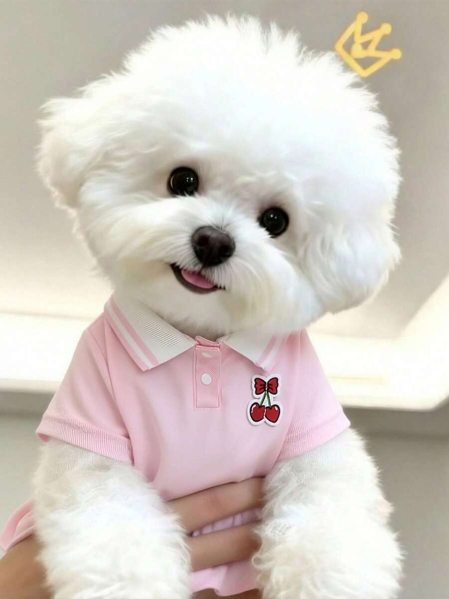 Vestido de polo para perros rosa, transpirable y amigable con la piel, con decoración 3D de cerezas, adecuado para perros pequeños y medianos en primavera y verano - Rosa - Ver 1