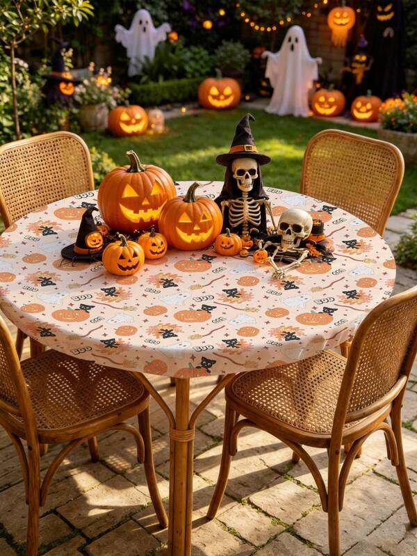 1pc Halloween Pumpkin Head Goblin Spider Milk Silk Polyester Elastic Tablecloth, Yellow Washable Dining Tablecloth For Home, Dining Room, Living Room, Kitchen Decoration, Suitable For Anniversary, Birthday Gift And Other Occasions