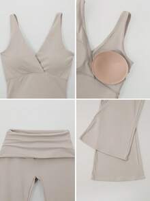 TimeOff One Set Women's Solid Color V-Neck Backless Removable Padded Thick Strap Tank Top And Flared Waist Long Pants Sports Set - Light Grey - View 4