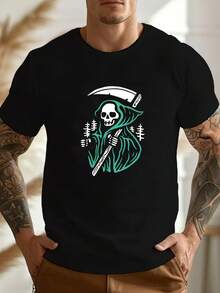 T-shirt à manches courtes col rond en pur coton pour hommes, imprimé graphique de la faucheuse, top décontracté quotidien d'été - Noir - Voir 6