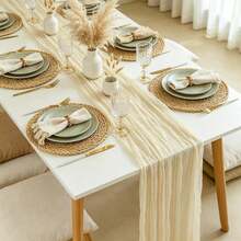 1pc/6pcs 35*71/118/157 Inch Beige Cheesecloth Table Runner And Napkins, Wavy Edge Transparent Country Style Table Runner. Suitable For Wedding Decor Arch, Garden Arch, Bridal Shower, Wedding, Holiday, Valentine's Day, Vacation, Birthday Party - Beige - View 3