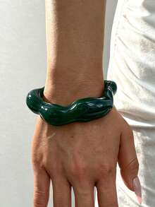 3/1pc Vintage Minimalist Casual Style Women's Green Wave-Shaped Acrylic & CCB Material Open Ring Bracelet, Suitable For Daily Wear, Stackable, Perfect Gift For Holidays - Green - View 6