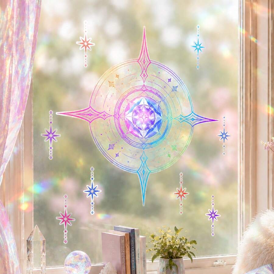 Pegatina de ventana de círculo mágico de prisma arcoíris, calcomanía reutilizable de adherencia estática captadora de luz solar, película de ventana de cristal de estrella colorida, pegatina de ventana refractora de luz sin adhesivo, decoración del hogar misteriosa y removible - Pegatina para ventana con diseño de círculo mágico y arcoíris - Ver 1