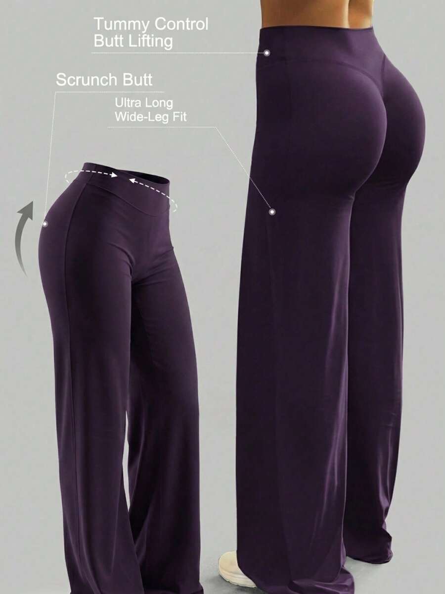 1 Pair Of Women's Loose-Fitting, Solid-Color Wide-Leg Yoga Pants, Comfortable And Versatile, Suitable For Running, Working Out, And Yoga In Spring - Purple - View 1