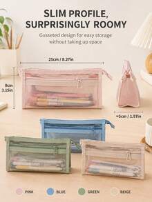 Tempat Pensil Jala Warna Polos (4 buah/1 buah) - Tas Penyimpanan Alat Tulis Minimalis Transparan Bentuk Segitiga dari Nilon dengan Resleting Ganda, Kapasitas Besar, Cocok untuk Siswa Kembali ke Sekolah, Kantor, dan Penggunaan Ujian. - A - View 7