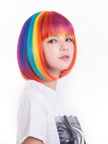 Rainbow Gradient Bob Wig With Bangs, Colorful Design For Festival, Party, Anime Convention, Cosplay, Funny And Eye-Catching Atmosphere Costume Headwear - View 6