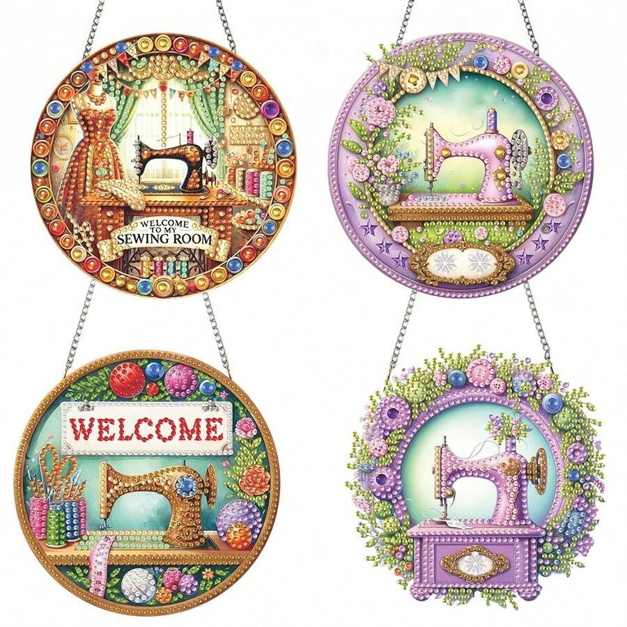4pcs Sewing Machine Pattern Diamond Painting Desktop Set 5D DIY Diamond Art Tabletop Decor Gemstone Inlay Craft Home Bedroom Countertop Decoration - View 1