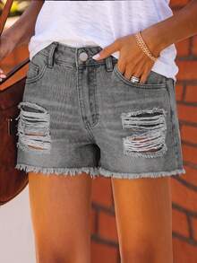 European And American Spring/Summer New Design Personalized Street Ripped Straight Washed Frayed Hem Women Denim Shorts Casual - Light Grey - View 6