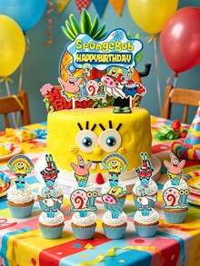 SpongeBob SquarePants SquarePants Full Bikini Bottom Character Cake Topper Set, Large Pineapple House Happy Birthday Big Cake Topper & Multi-Style Matching Cupcake Picks With Patrick Gary Mr.Krabs Squidward Print, Durable Thick Cardstock Waterproof - Multiple Styles - View 1