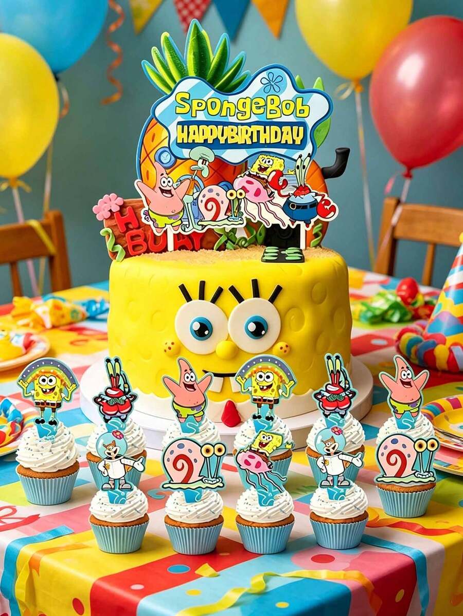 SpongeBob SquarePants SquarePants Full Bikini Bottom Character Cake Topper Set, Large Pineapple House Happy Birthday Big Cake Topper & Multi-Style Matching Cupcake Picks With Patrick Gary Mr.Krabs Squidward Print, Durable Thick Cardstock Waterproof - Multiple Styles - View 1