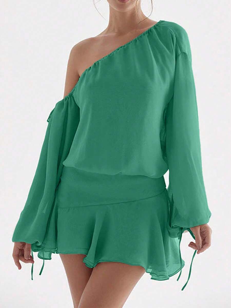 2026 Summer Spring New Fashion Sheer Off Shoulder Long Sleeve Ruffled Hem Dress High Street Style Elegant Dress - Green - View 1