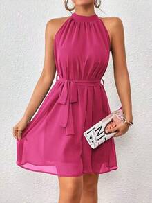 Sleeveless Solid-Color Halter Dress, Fashionable For Summer - Hot Pink - View 5