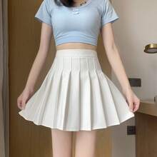 Falda plisada 2026 de verano, falda gris oscuro, falda de cintura alta, falda corta estilo universitario, resistente a las arrugas y versátil. - Blanco - Ver 1