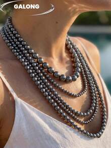 Exquisito y versátil collar de perlas multicapa hecho a mano para banquetes. - Gris - Ver 5