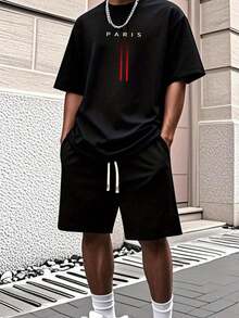 Hombre002y007 Conjunto de camiseta de manga corta y pantalones cortos Casual Versátil  Cómodo y Elegante Conjunto de atuendo informal para hombres con camiseta impresa NEW (1 Camiseta only) - Verde militar - Ver 1