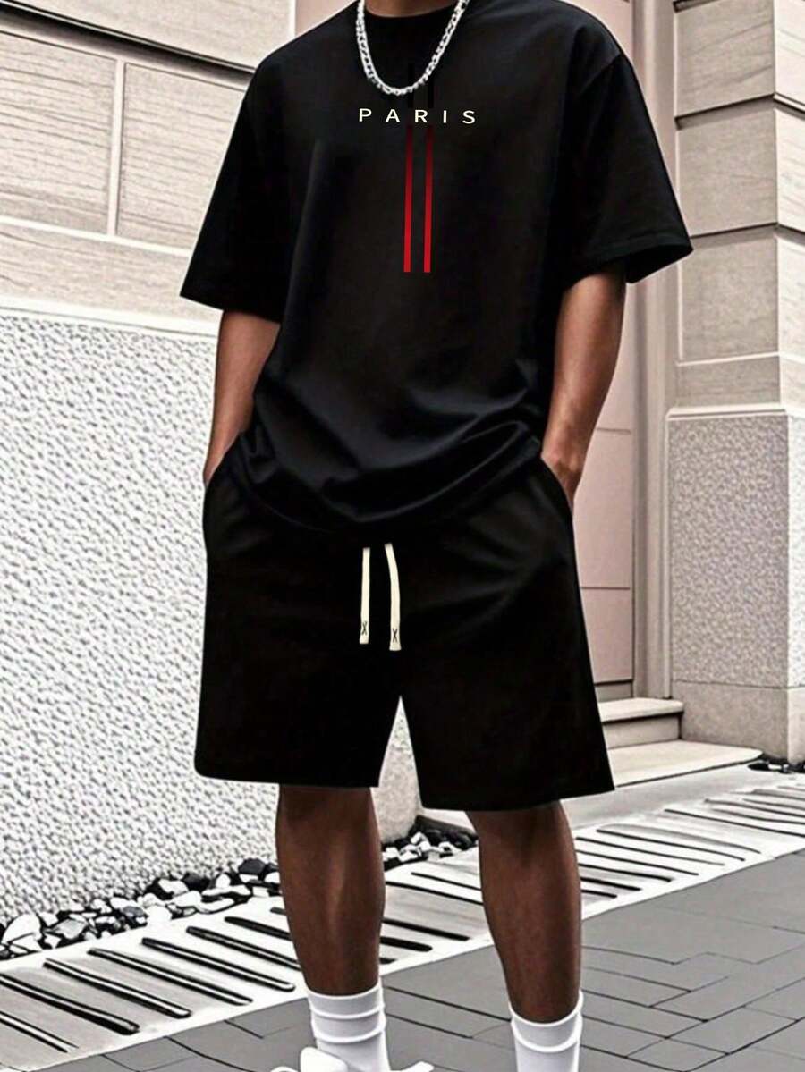Hombre002y007 Conjunto de camiseta de manga corta y pantalones cortos Casual Versátil Cómodo y Elegante Conjunto de atuendo informal para hombres con camiseta impresa NEW (1 Camiseta only) - Verde militar - Ver 1