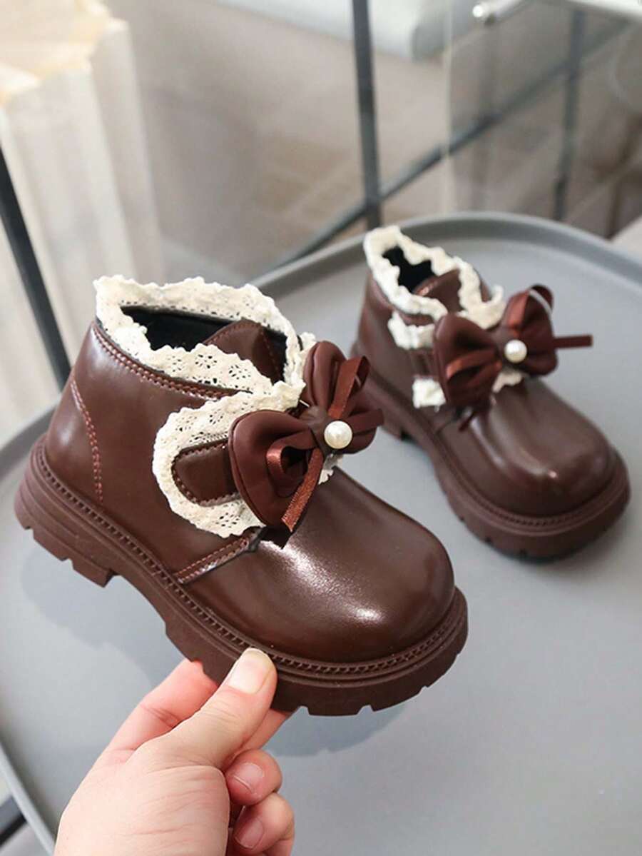 1 Pair Girls' Knot Ankle Boots, Autumn/Winter New Soft Sole Anti-Slip Princess Boots For Toddlers And Young Children - Brown - View 1