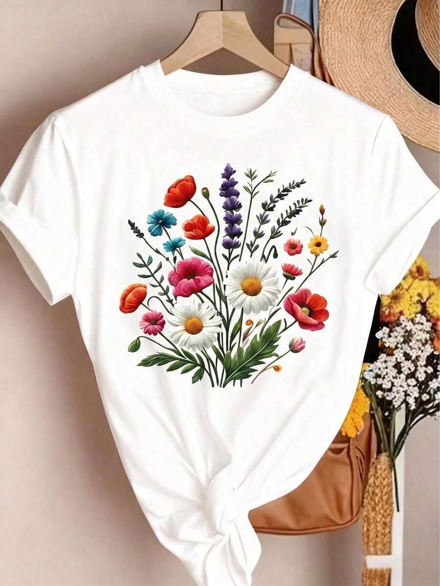 NewSummerCasual New Women's Short-Sleeved T-Shirt For Autumn/Winter, With A Round Neck, Ideal As A Basic Garment. With A Relaxed Fit And Modern Print, Made From High-Quality Pure Cotton - 白色 3 - 查看 1