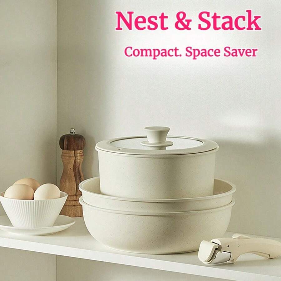 Granite Non-Stick Cookware Set With Detachable Handles, Stackable Kitchen Utensil Combination, From Stove To Table Serving Set, Easy To Clean And Space-Saving Kitchen Gift