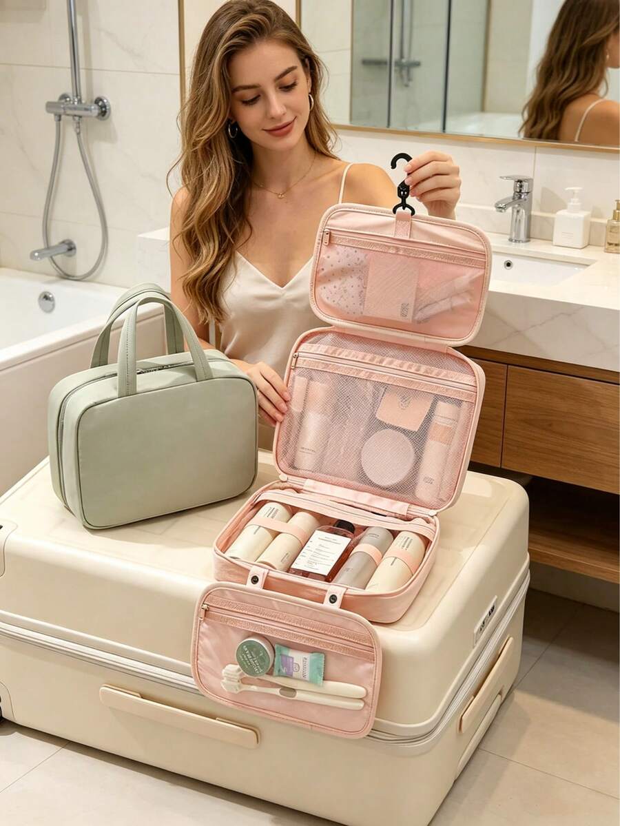 1Pc Three Fold Hook Toiletry Bag,Skincare Bag,Portable Handheld Makeup Bag,Waterproof Wash Bag,Large Capacity Travel Storage Bag,Travel Essential - Multicolor - View 1