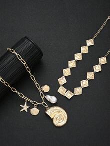 Juego de 3 collares colgantes de varias capas con cuentas de colores, perlas falsas, estrella de mar, concha y caracol en dorado, estilo bohemio minimalista de moda para mujer, para verano, playa, vacaciones, citas, fiestas, regalo para novia, esposa, mamá, amiga, regalo de cumpleaños y uso diario versátil - Multicolor - Ver 5