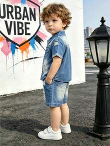 Denim 2Pcs Outfit,Denim Short Sleeve Shirt,Ripped Jean Shorts Young Boys Gradient Washed Distressed Street 4-7Y Summer Skate Daily Outfit - Blue - View 8