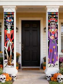 1Pair Day Of The Dead Door Banner,Skulls Men And Women Pattern Hanging Banner,Dia De Los Gatepost Couplet,Mexico Style Door Hanging,Festive Decorative Hanging Ornament,Welcome Porch Sign,Day Of The Dead Decorations - Multicolor - View 3
