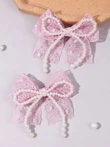 2件組女孩蕾絲髮蝴蝶結 粉色刺繡花朵髮夾 夏季優雅婚禮派對髮飾 仙女珍珠髮夾 青少年髮飾 - 粉色 - 查看 4