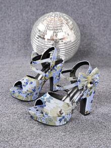 Women's Summer 2026 New Peep Toe High Heel Sandals With Bow, Chunky Heel Platform Sandals For Students, Plus Size - Blue - View 6